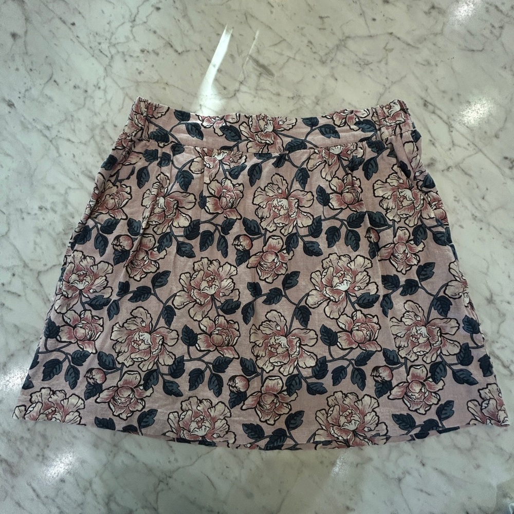 LOFT Pink Floral A-Line Skirt with Navy Leaf Accents